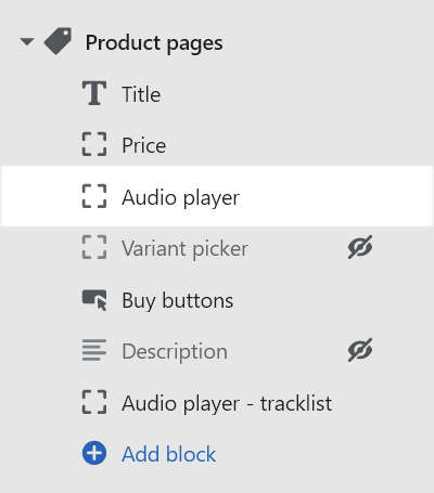 An Audio player block selected in the Product pages section menu in Theme editor.
