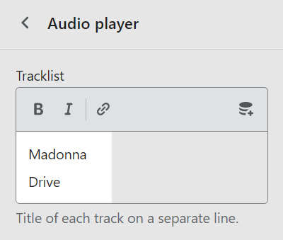 The tracklist textbox inside an Audio player block settings menu in Theme editor.