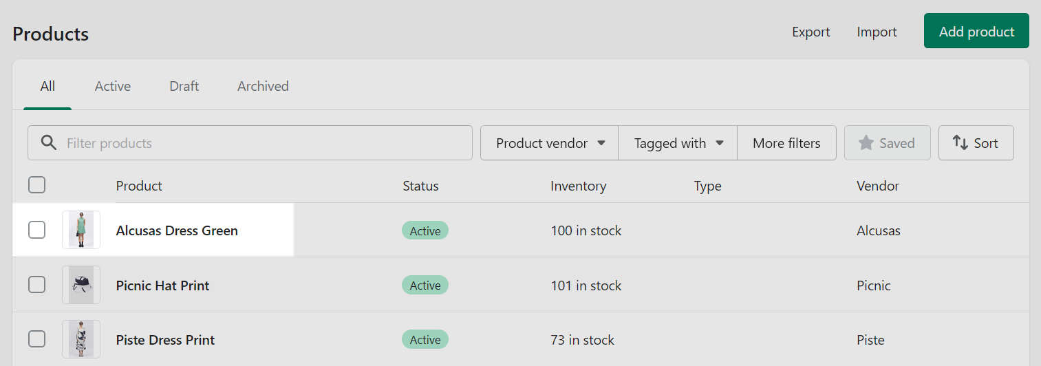 The Products list in Shopify admin.