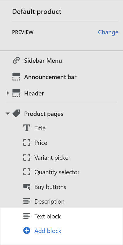 The Product pages section menu in Theme editor.