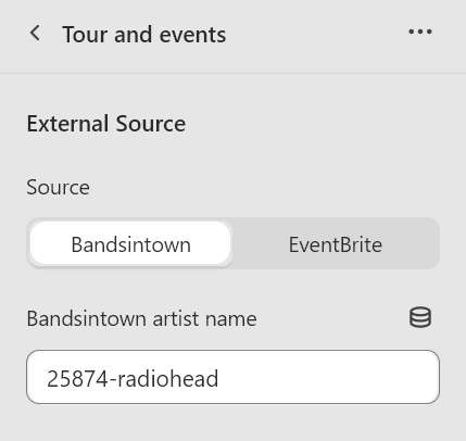 The options for adding Bandsintown to a Tour and events section in the Theme editor menu.