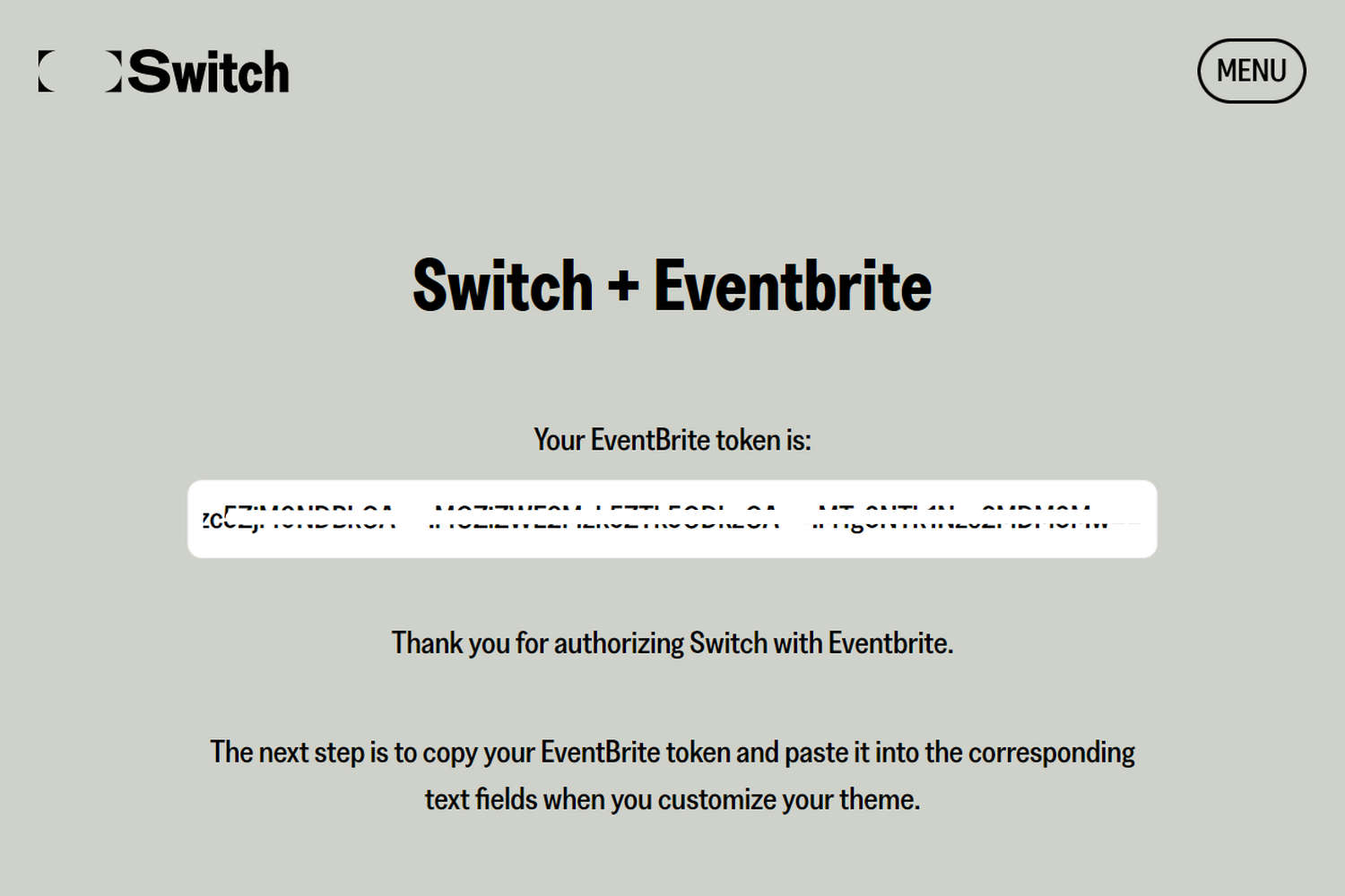 An EventBrite Access Token displayed on a webpage