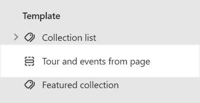 A Tour and events from page section selected in Theme editor.