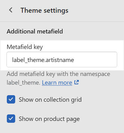 The metafield text entry box inside the Theme settings Product menu in Theme editor.
