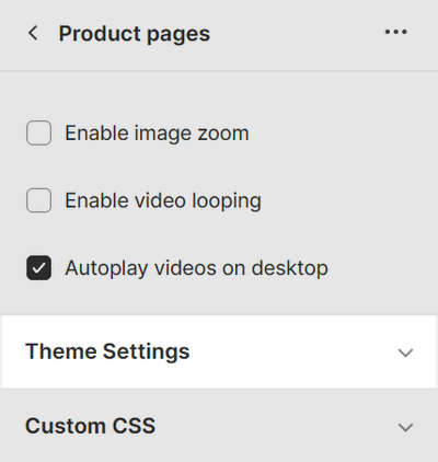 An example of the theme settings menu for a product page section in Theme editor