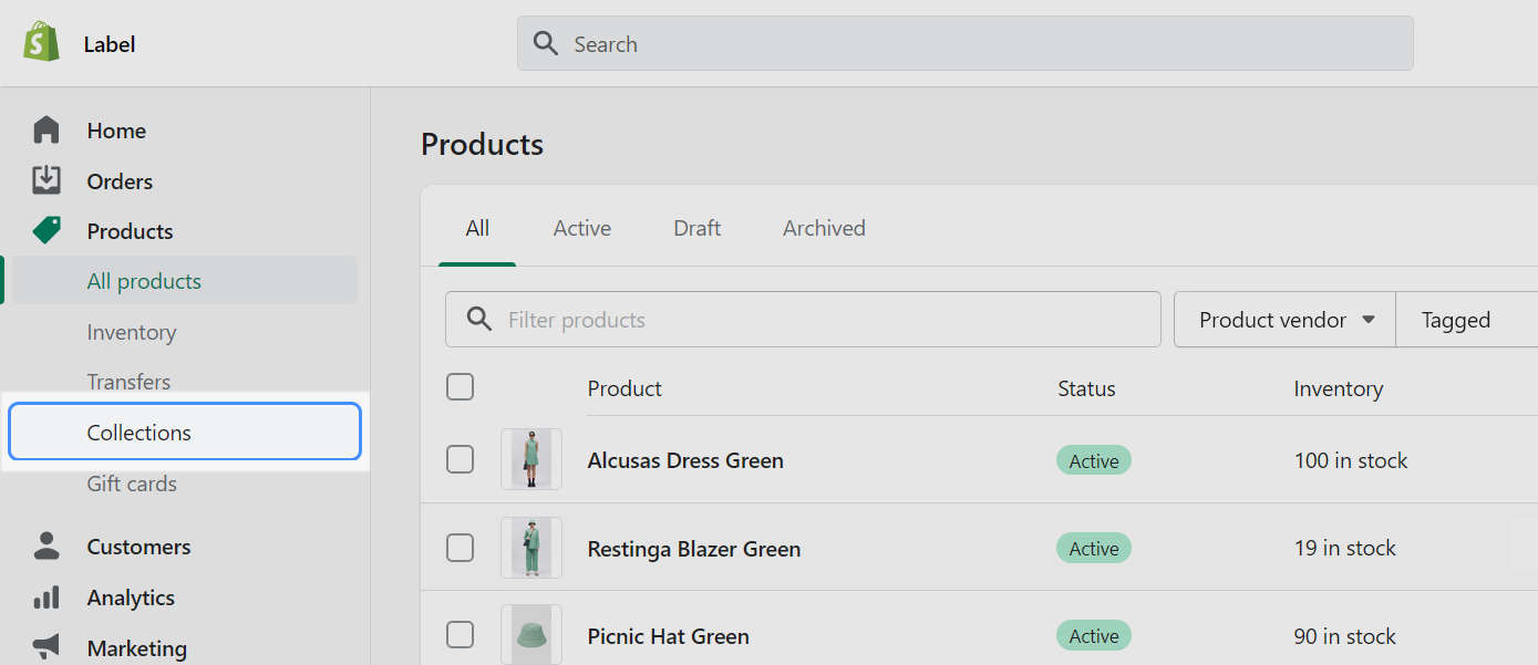 The Products page in Shopify admin with the Collections menu option selected.