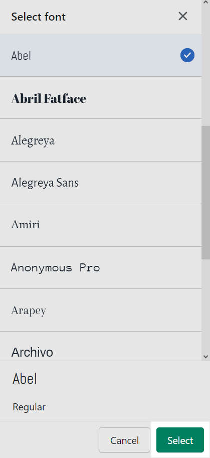 The font picker's select button in Theme setting's Typography menu.