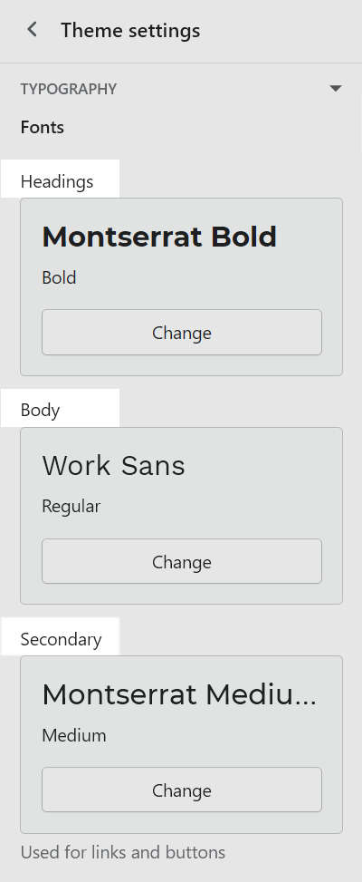 A list of the types of text in the Font area of Theme setting's Typography menu.