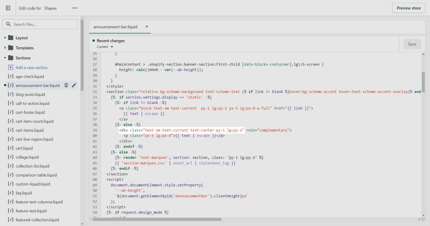 Code editor with the Liquid template open for the Announcement bar
 section.