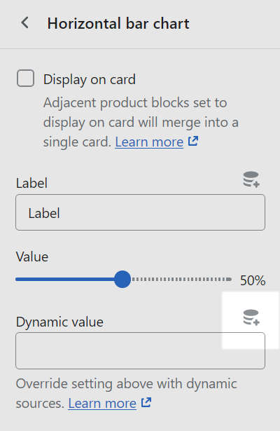 The Insert dynamic source icon inside the block settings menu for a Horizontal bar chart block.