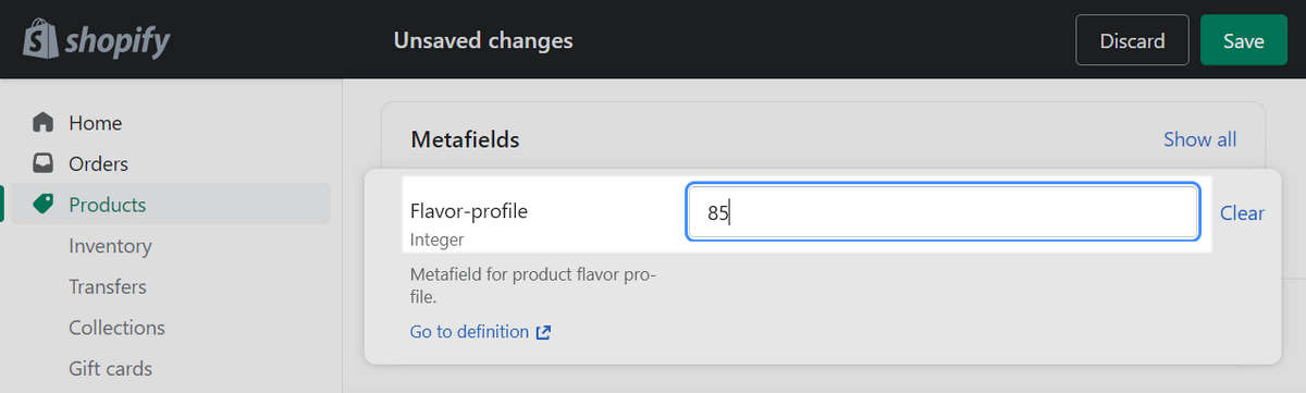Example values in the metafields area of a Product page in Shopify admin.