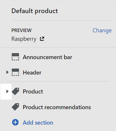 The Product section menu in Theme editor.