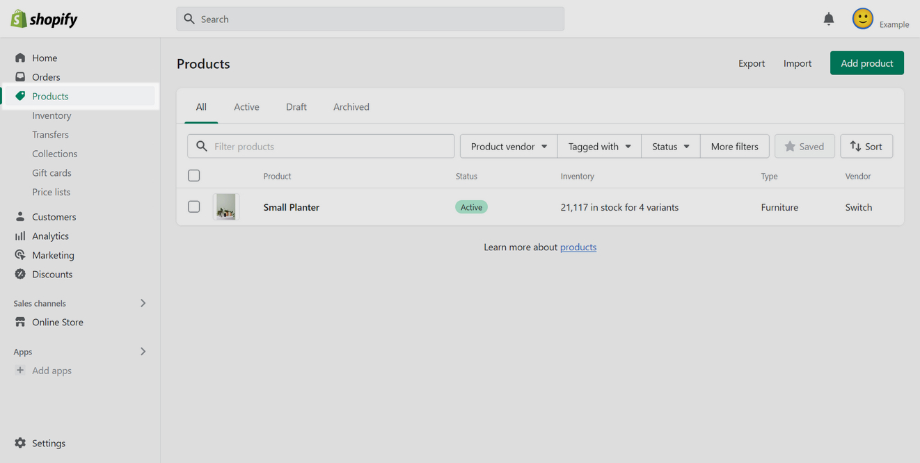 The Products menu in Shopify admin.