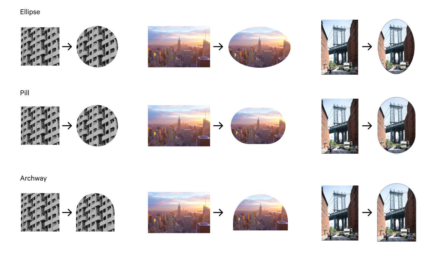 The Ellipse, Pill, and Archway Fit-to-image shape-types applied to a square, portrait, and landscape image.