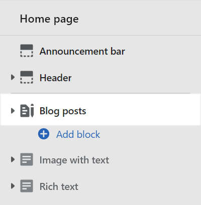 A blog posts section selected in Theme editor.