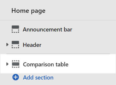 A comparison table section selected in Theme editor.