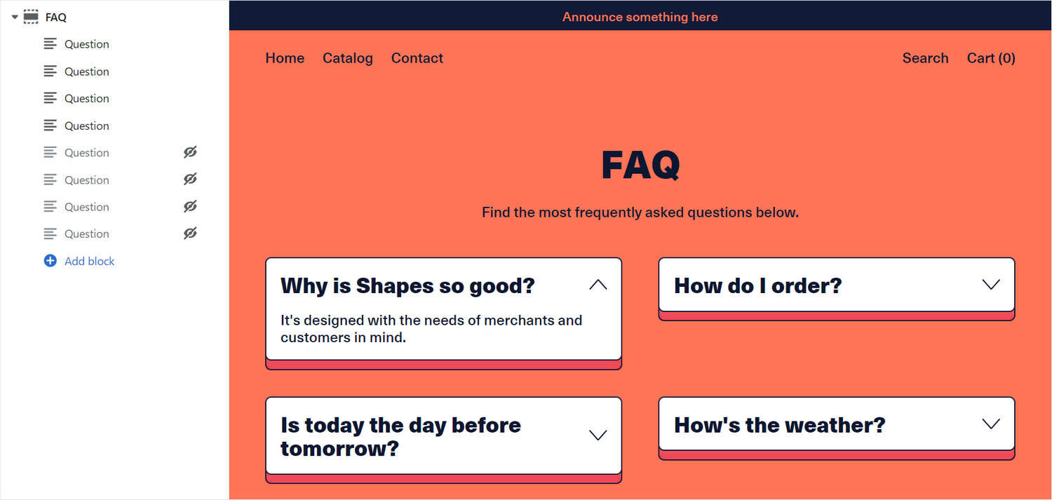 An FAQ section on a store's homepage in Theme editor.