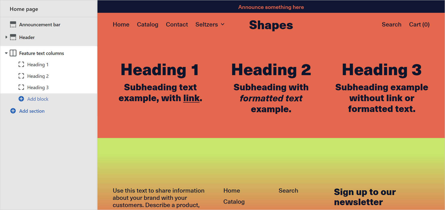A Feature text columns section on a store's homepage in Theme editor.