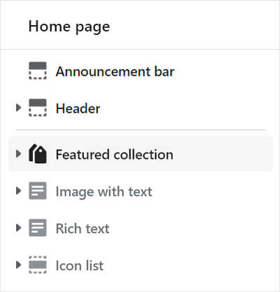 A featured collection section selected in Theme editor.