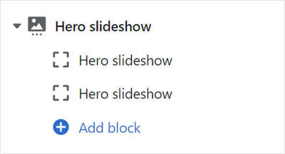 The Hero slideshow' add block menu in Theme editor.