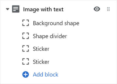 The Image with text's Add block menu in Theme editor.