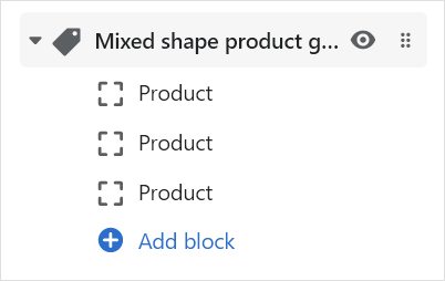 The Mixed shape product grid section's Add block menu in Theme editor.