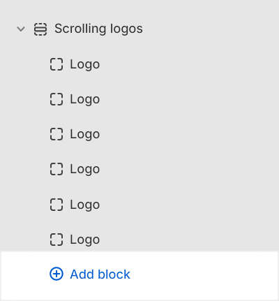 The Scrolling logos's Add block menu in Theme editor.