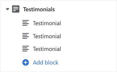 The Testimonials's Add block menu in Theme editor.