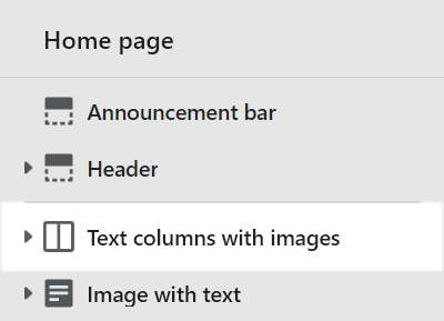 The Text columns with images section selected in Theme editor.