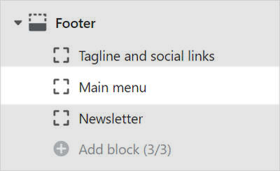 The Footer section's Main menu block in Theme editor.
