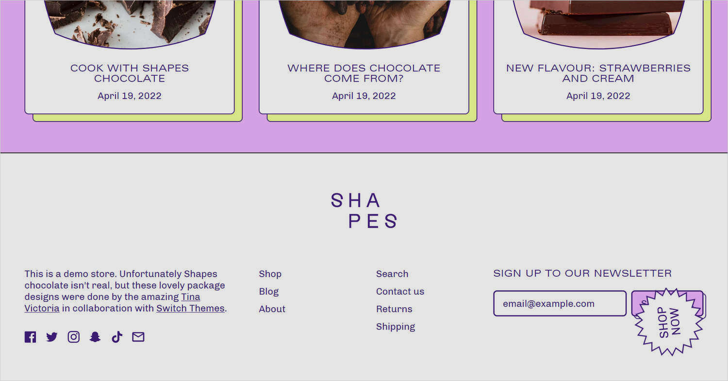 An example Footer section on a store's homepage.