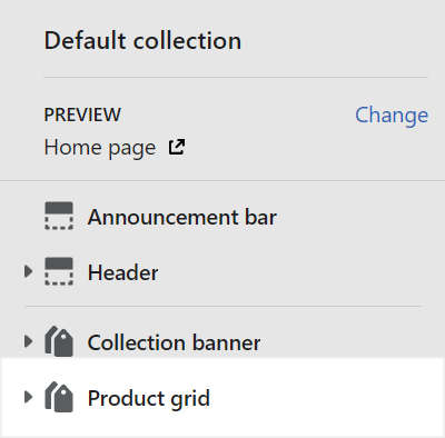 The Collection product grid section selected in Theme editor.