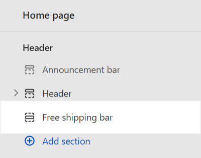 The Free shipping bar section selected in Theme editor.