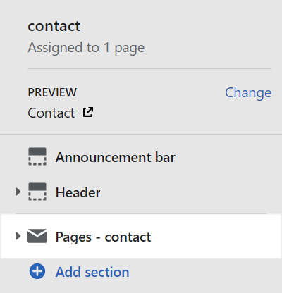 The Contact page section selected in Theme editor.