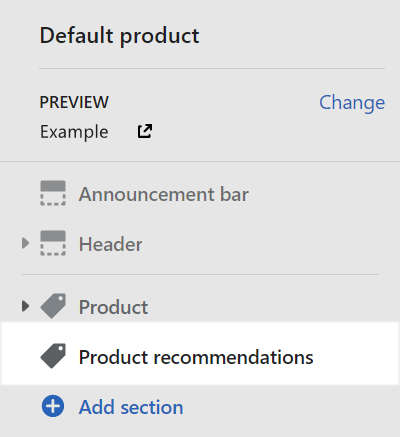 The Product recommendations section selected in Theme editor.