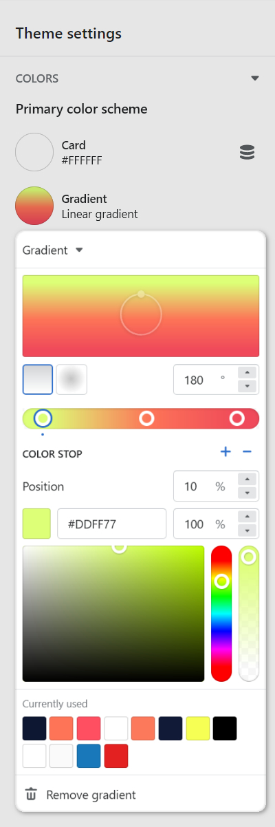 The gradient color options for the Primary color scheme in Theme settings.