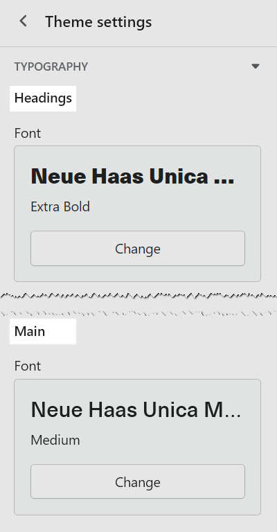 A list of the types of text with font pickers in the Font area of Theme setting's Typography menu.