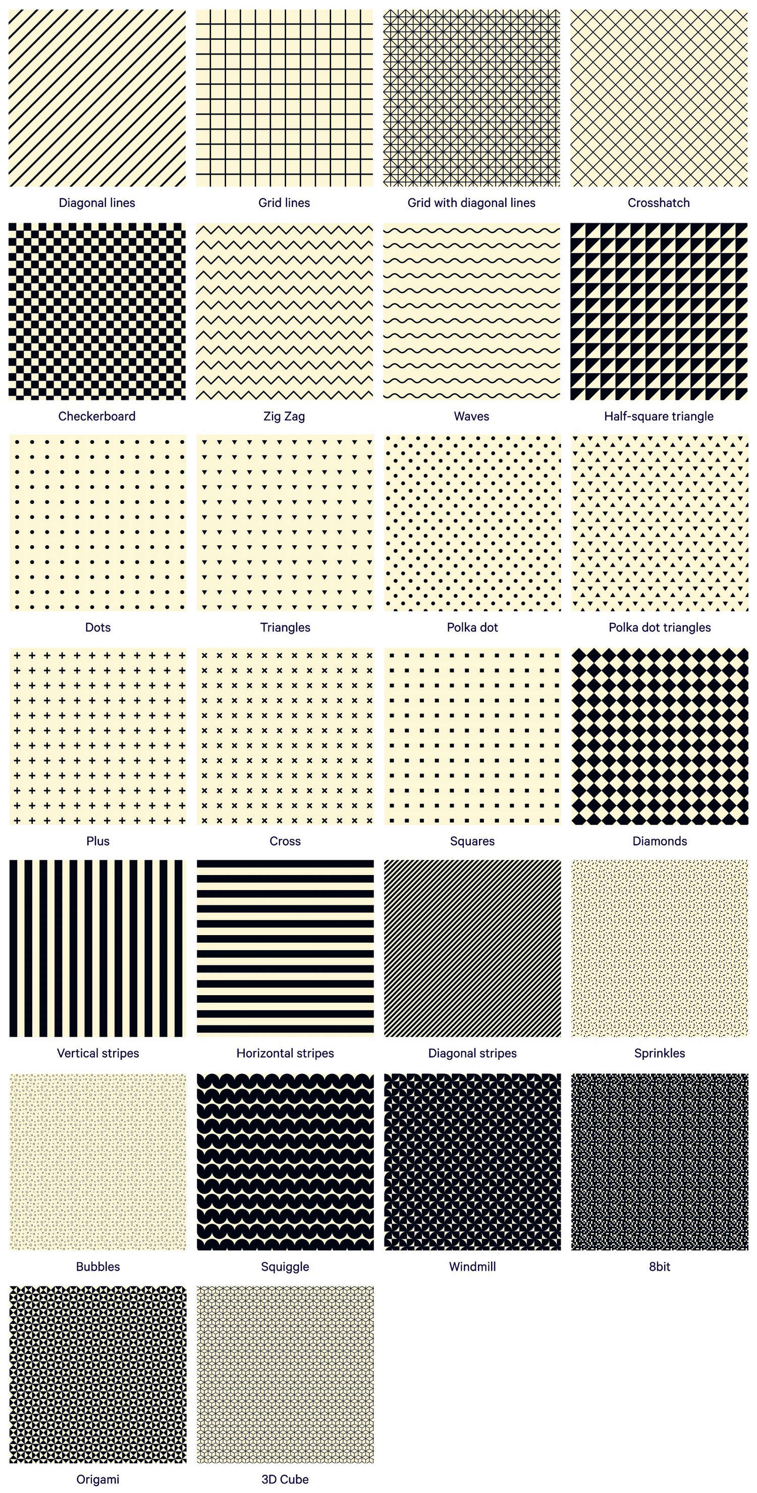 Examples of the pattern types available to a Background pattern block.