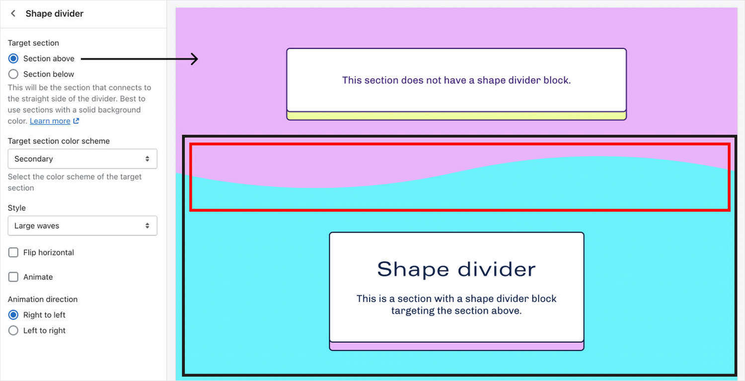 An example of a Shape divider targeting the section above the block.